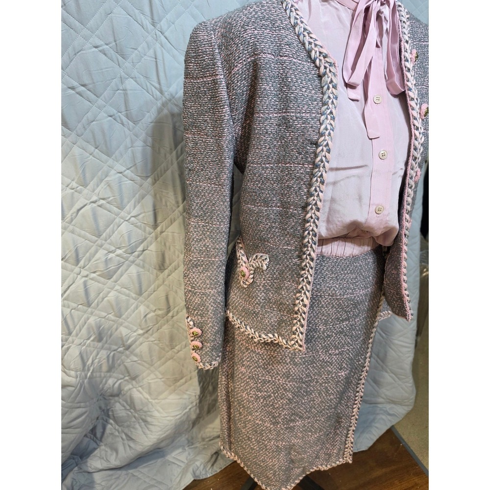 Adolfo Saks Fifth Avenue 3pc Suit Wool Knit Jacket Skirt Silk Blouse Pink Grey - Picture 3 of 16